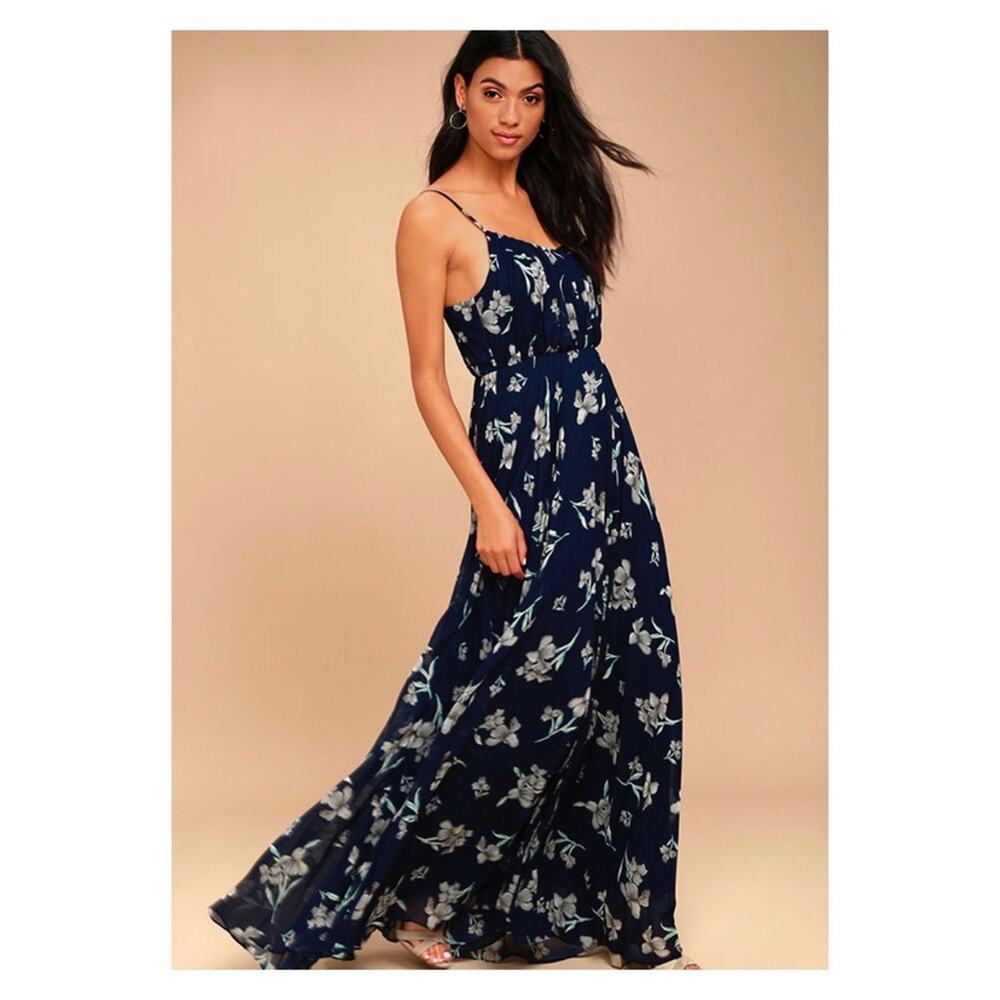Luluโs Memorable Night Navy Blue Floral Print Maxi Dress Sz.XS
